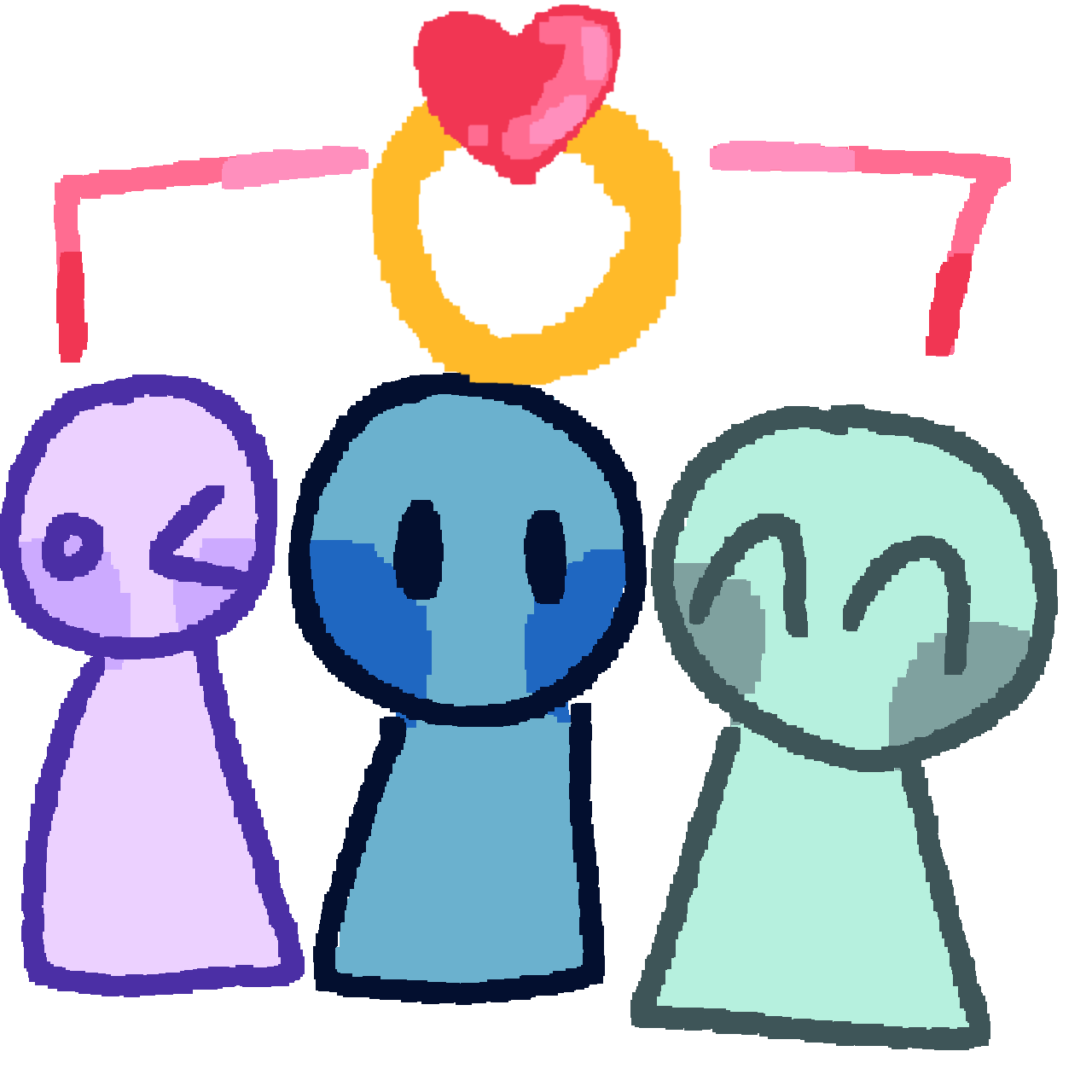 a lavender, a blue, and a seafoam green person side by side. Above them is a pink-red gradient bracket with a wedding ring in the middle of it. The ring is gold and has a heart shaped jewel.